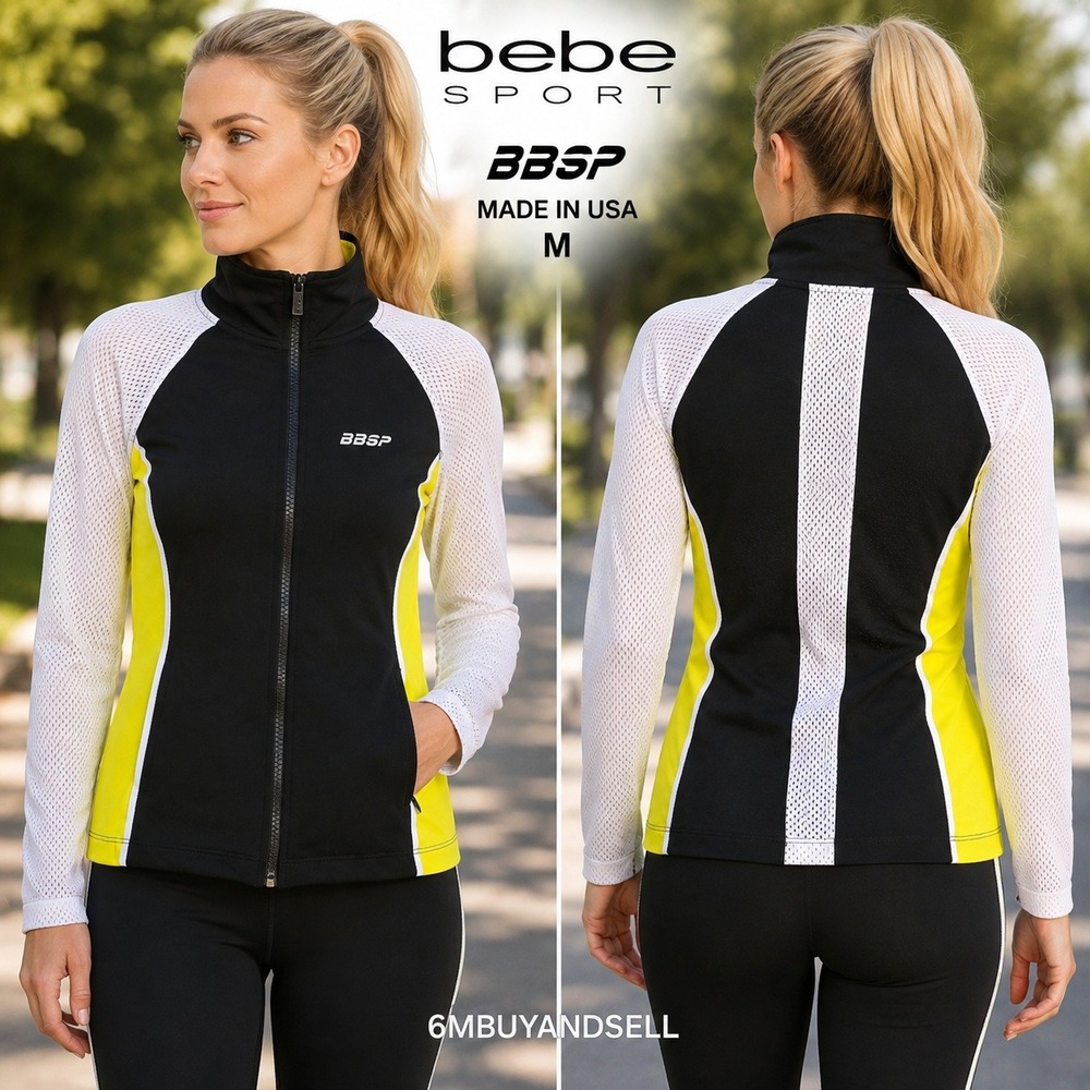 Bebe Sport BBSP Womens Track Jacket M Black Yellow Mesh Full Zip Made in USA